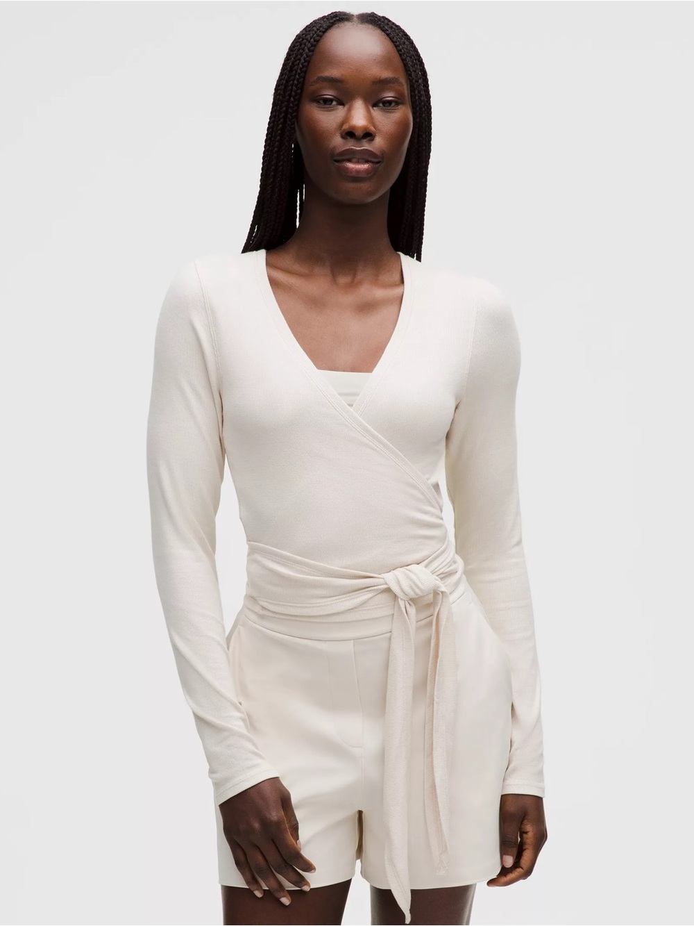 lululemon athletica Cream Wrap-Front Long Sleeve Tie Top White Opal